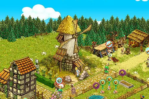 Mühle, Wald und Felder eines Dorfes